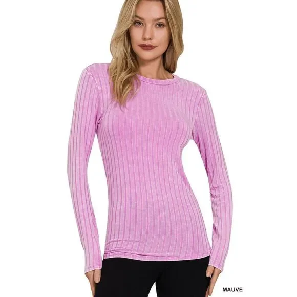 Ribbed Long Sleeve Top - Mauve - Picture 1 of 2